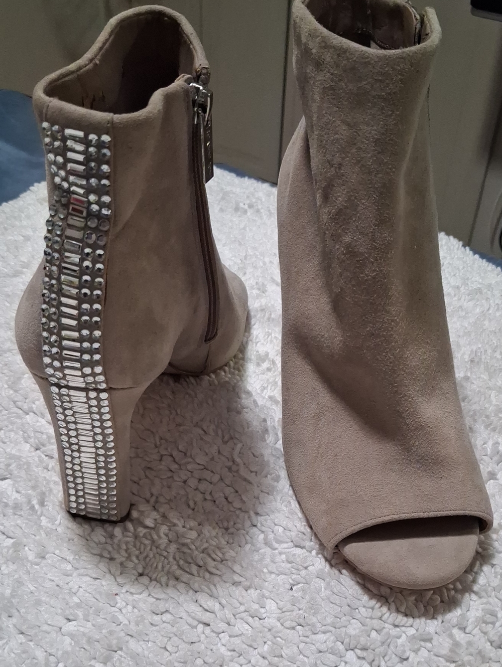 Gianni Bini Taupe Suede Open-Toe Ankle Boots with Rhinestone Heel